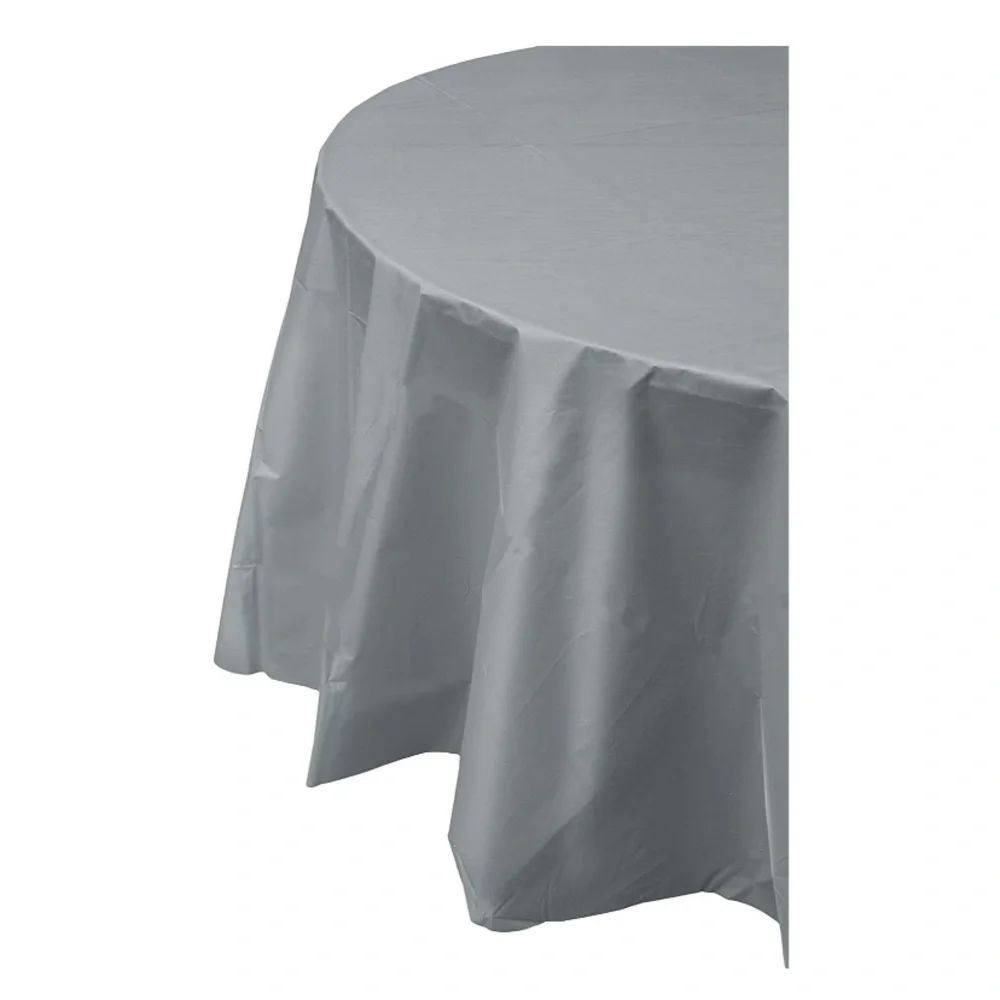 Silver Round Plastic Tablecloth 84” Party Table Cover
